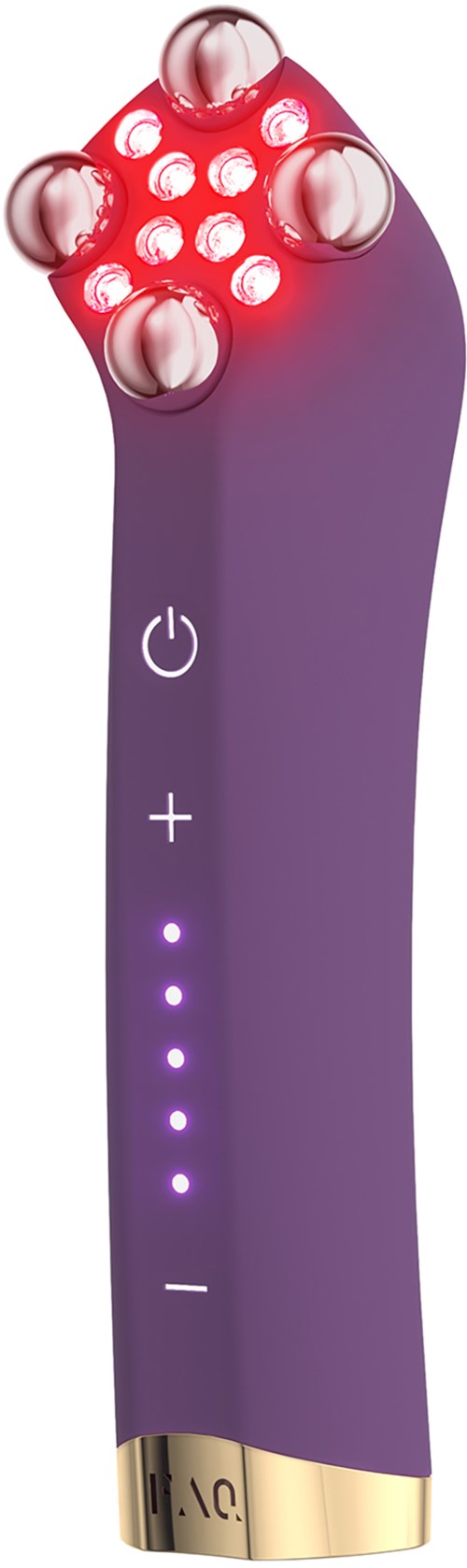 Violetti kauneuslaite punaisilla valoilla ja useilla pienillä lasimaisilla palloilla päällä, napit virran päällä ja tehosteelle.