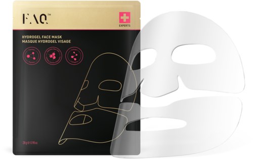 Valkoinen kasvomaski on pakkauksensa kanssa, jossa on pinkki ristikko logo, ja se on hydrogeelinaamio.
