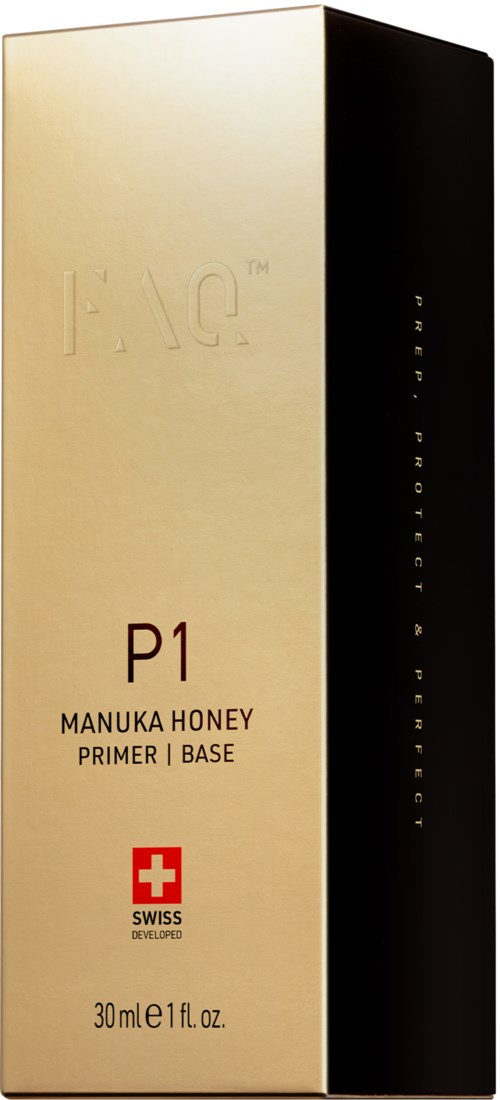 Korkeampi laatikko, jossa valkoinen etuosa ja musta sivu, merkitty 'P1 Manuka Honey Primer & Base,' ja sveitsiläinen lippu.