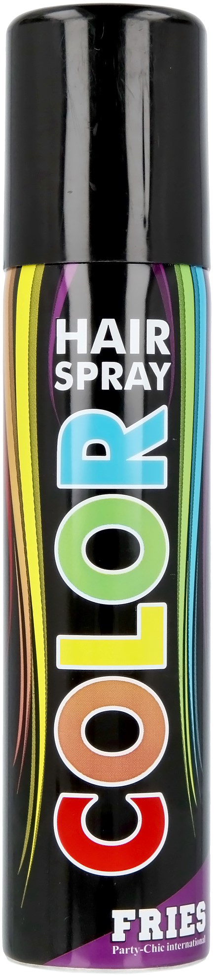 En svart sprayflaska med färgglada vågiga linjer och orden "HAIR SPRAY COLOR" på.