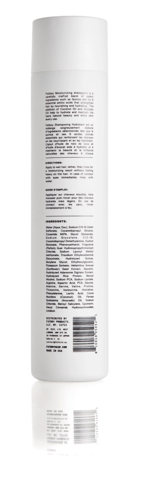 Pitkä valkoinen säiliö, jossa teksti ja viivakoodi, todennäköisesti henkilökohtaisen hoidon tuote kuten voide tai shampoo.
