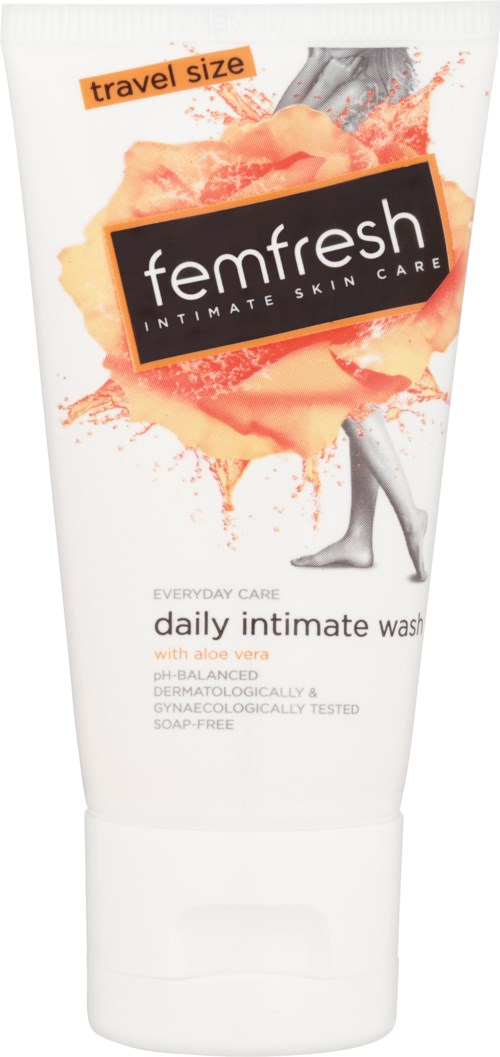 Resestorlek Femfresh daglig intimtvål med aloe vera, dermatologiskt testad, utan tvål och lämplig för känslig hud.