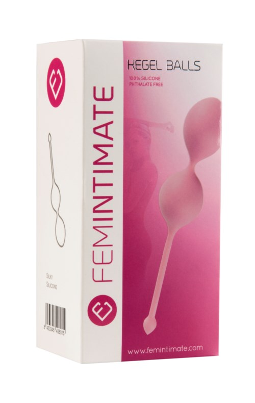 Pudełko w różowym i białym kolorze, oznaczone 'Feminimate' i 'Kegel Balls,' z ilustracją produktu.