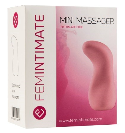 En box som visar en rosa mini-massör, designad för kvinnor, märkt som ftalatfri, med en webbadress.
