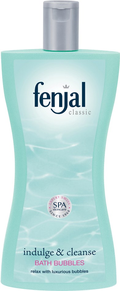 A bottle with blue liquid, silver cap, labeled 'fenjal classic indulge & cleanse bath bubbles.'