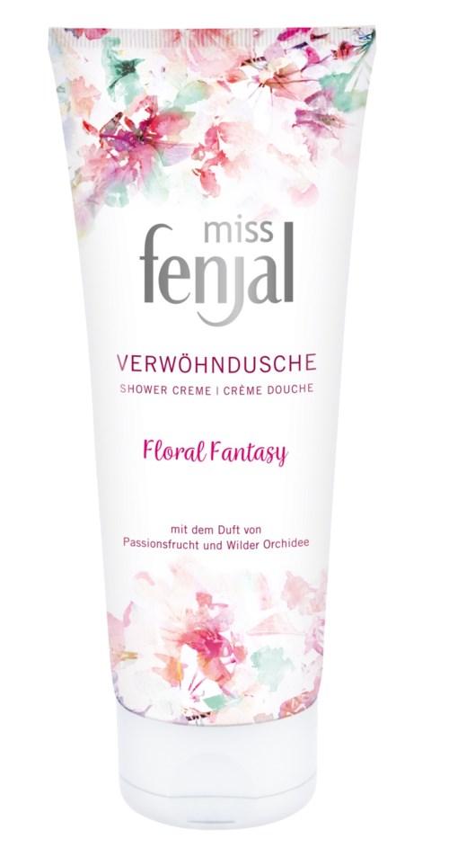 A floral scented shower cream in a white tube with pink and green flower patterns and text.