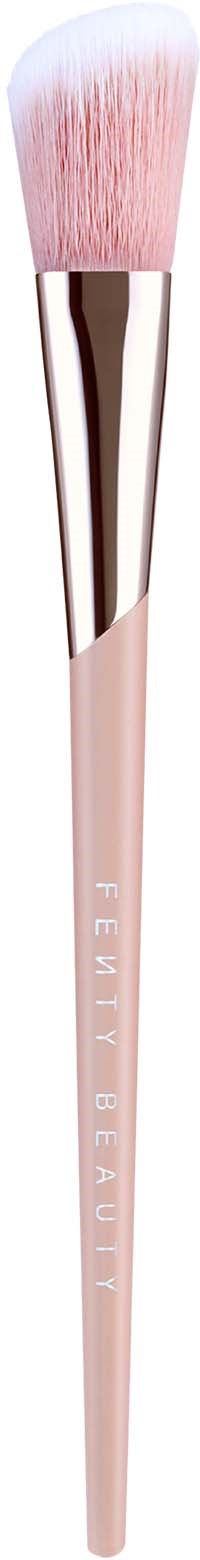 A pink makeup brush with a silver band and fluffy bristles.