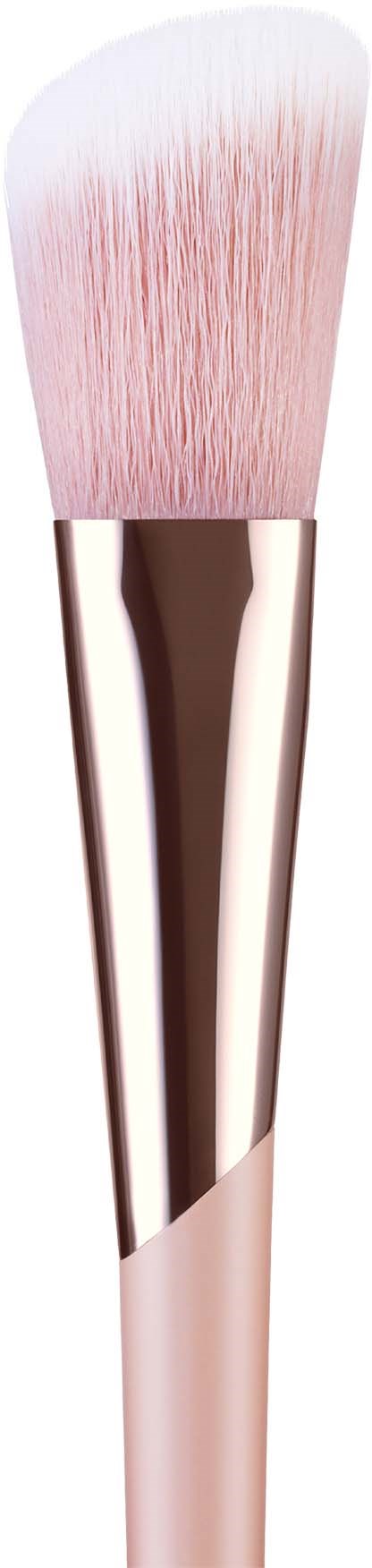 A makeup brush with a pink and white fluffy top and a shiny, metallic handle.