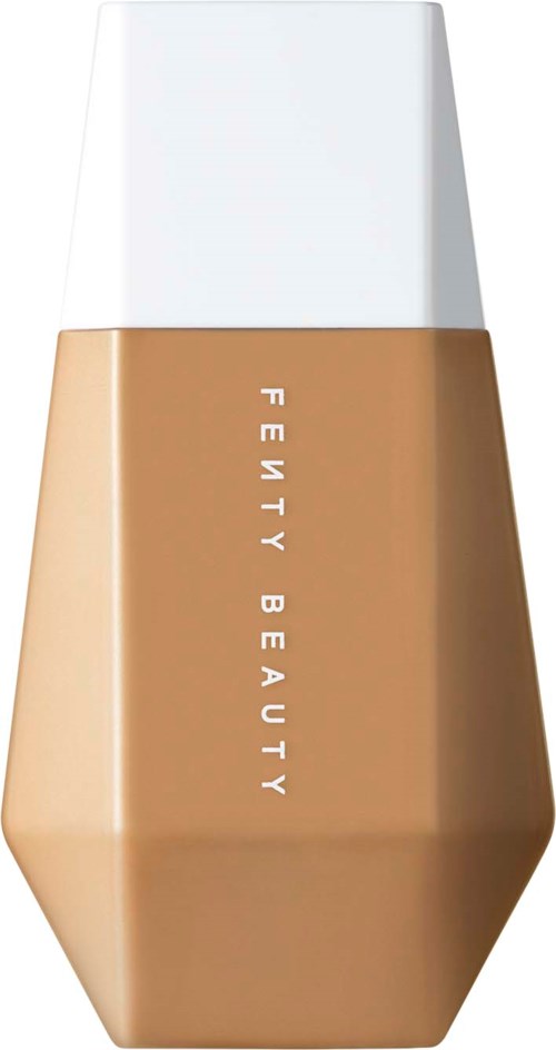A beige liquid foundation bottle with a white cap and the words "FENTY BEAUTY" written vertically.