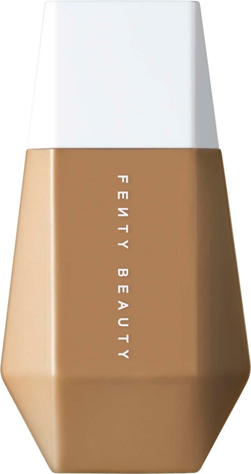 A beige makeup bottle with white cap, the words "FENTY BEAUTY" written vertically.