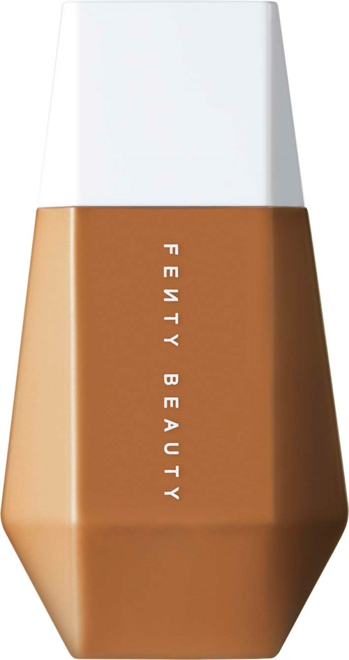 A foundation bottle with a white cap and brown body, labeled "Fenty Beauty."