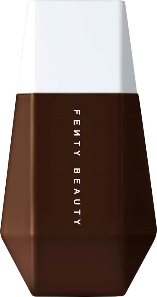 A brown Fenty Beauty bottle with a white cap, simple design, and vertical white text.