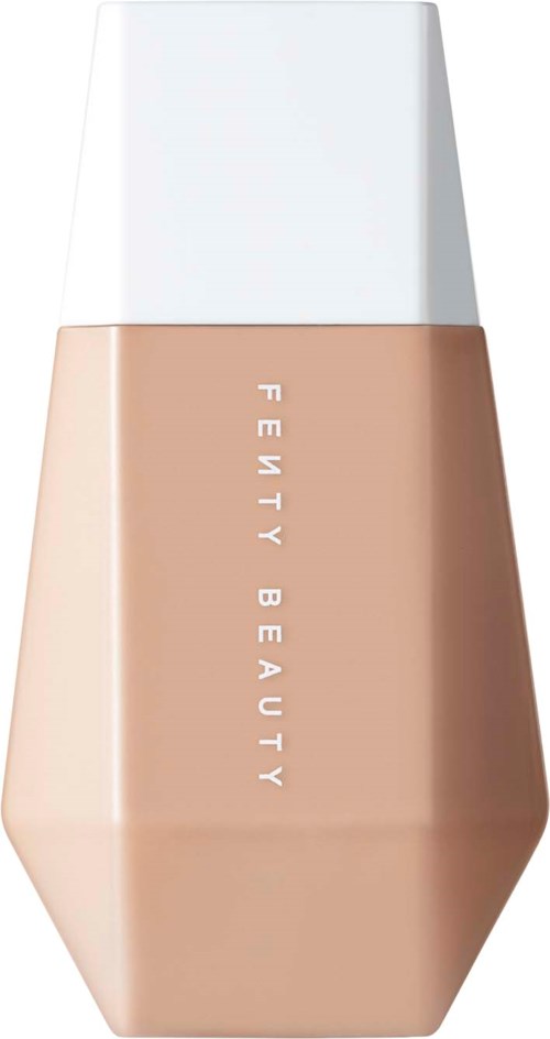 Beauty product bottle in beige with white cap, labeled "Fenty Beauty" in white letters.