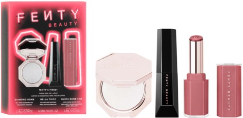 Display of Fenty Beauty makeup products, including lipstick, blush, and powders, in various shades and packaging.