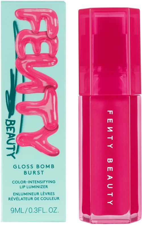 Värikäs huultenkiillotipullo ja pakkaukset, kirkas pinkki ja turkoosi värit. Fenty Beauty on näkyvissä.