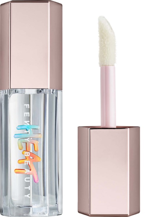 En läppstift med genomskärlig bas, rosa lock och en fluffig applicatorstift.