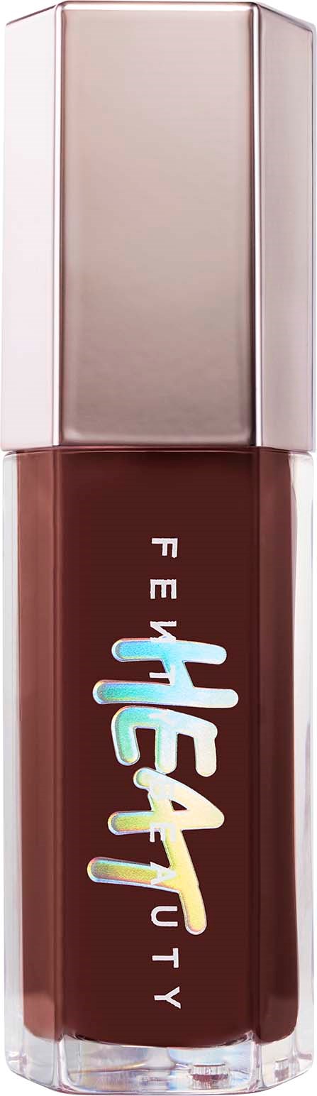 En läppstiftsrör med brunt färg och ett glansigt lock, med orden 'FEEL BEAUTY' i färgglada bokstäver.