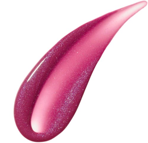 En rosa, böjd sminkborste med glitter och en smal spets.