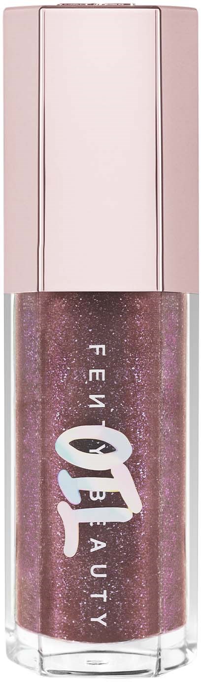 En flaska glitterblå nagellack med roséguldlock och Fenty Beauty-logga.