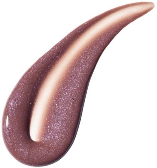 En glänsande, rosa-brun sminkprodukt formad som en tår, med glitter och släta texturer.
