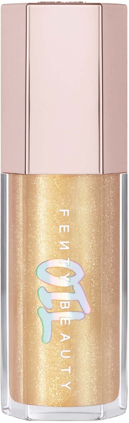 Ett rör med flytande highlighter med rosa lock och guldglitter, märkt som FEM BEAUTY.