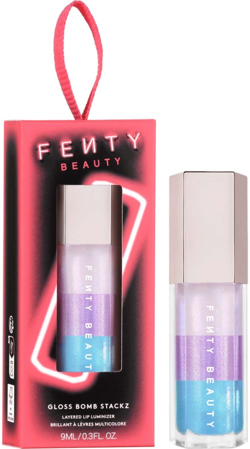 Fenty Beauty Gloss Bomb Stack, kerroksellinen huulikiilto, pakkauksessa pinkki etiketti.