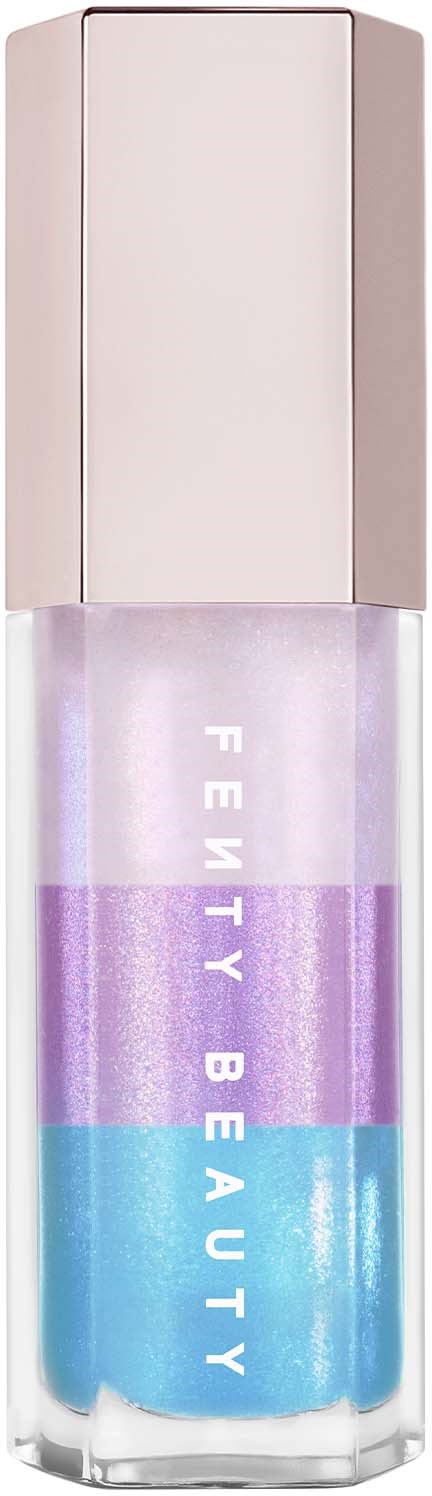 Läpinäkymätön huulikiilto, jossa on violetti- ja sinivärinen gradientti ja teksti "Fenty Beauty".