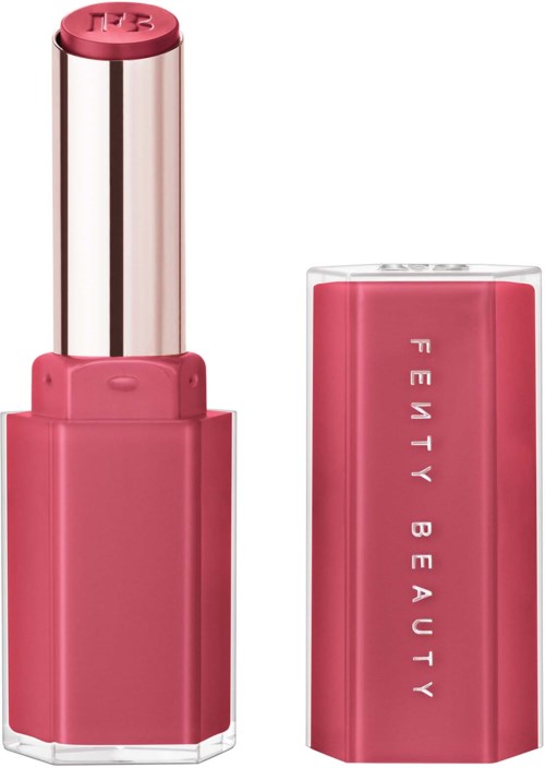 En rosa läppstift med en silvrig mittdel och ett klart rosa lock från Fenty Beauty.