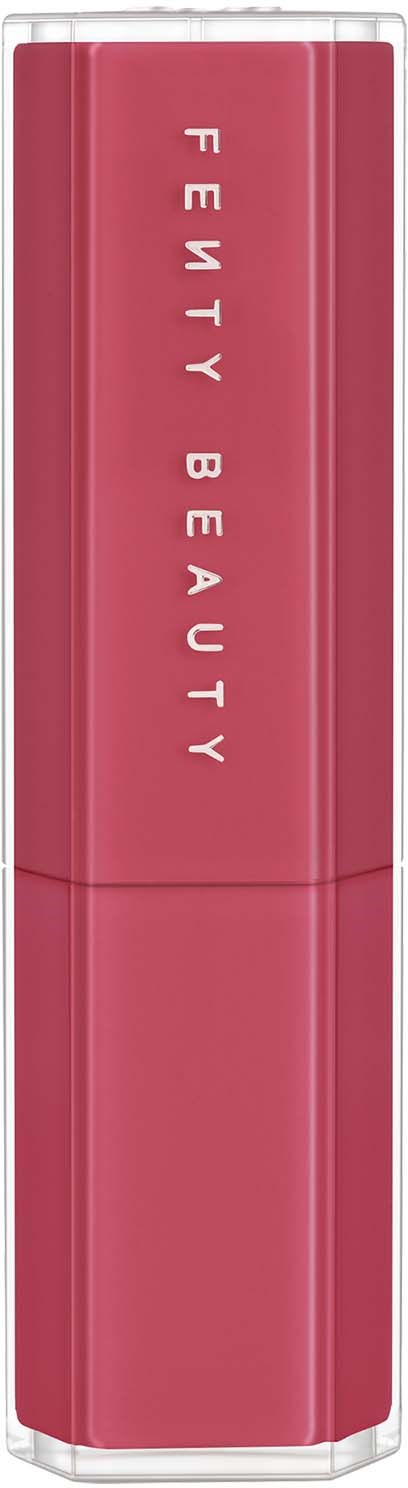 Ett rosa läppstiftsfodral med texten 'Fenty Beauty' skriven vertikalt.