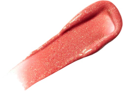 A pink gloss with glitter, on a white background, shaped like a lipstick or lip gloss.