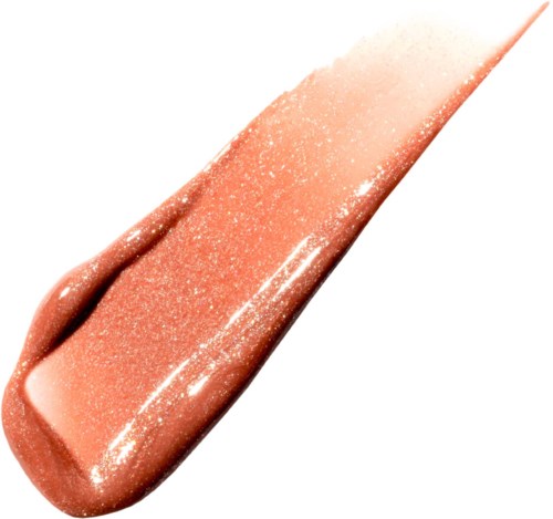 A shiny, peach-colored lip gloss with glitter, shaped like a spatula or applicator.