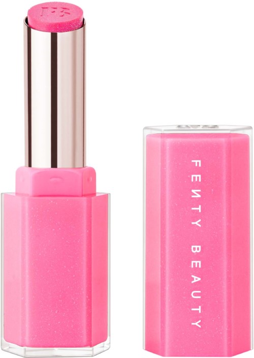 Pink lipstick in a clear container with "Fenty Beauty" written on the cap.