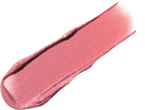A pink lip gloss with glitter, spread out on a white background.