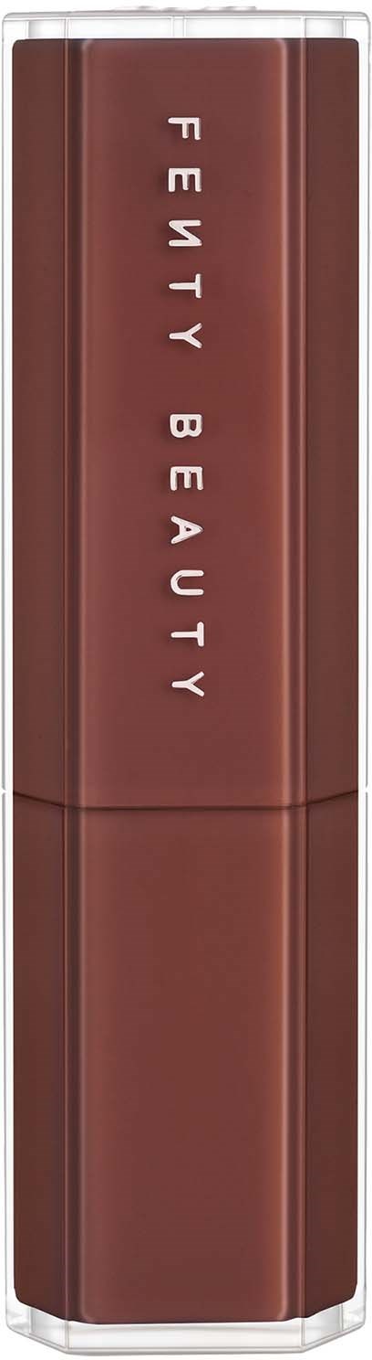 En läppstiftstift med brunt kropp och silverlock, med 'Fenty Beauty' som visar på kroppen.