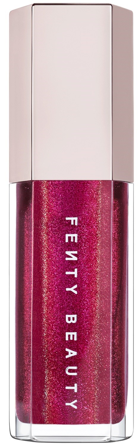 Różowa tubka błyszczyka do ust z białą nakrętką, oznaczona 'Fenty Beauty'.