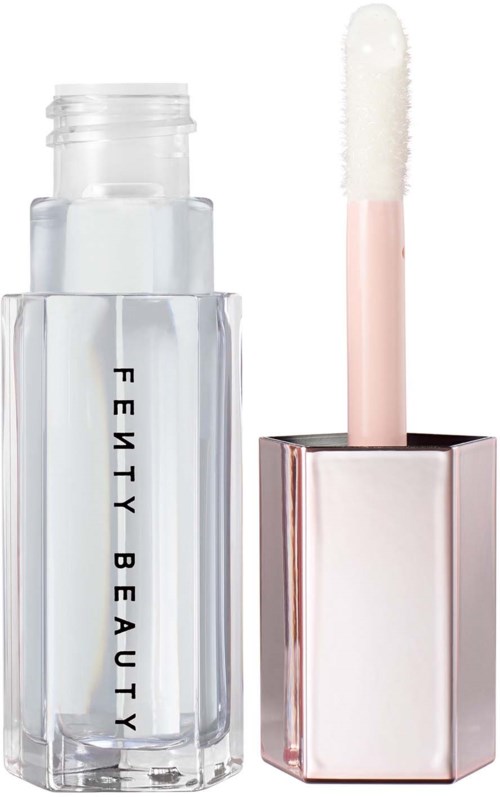 Fenty Beauty-logga med ett transparent läppglans och en rosa tonad applicator.