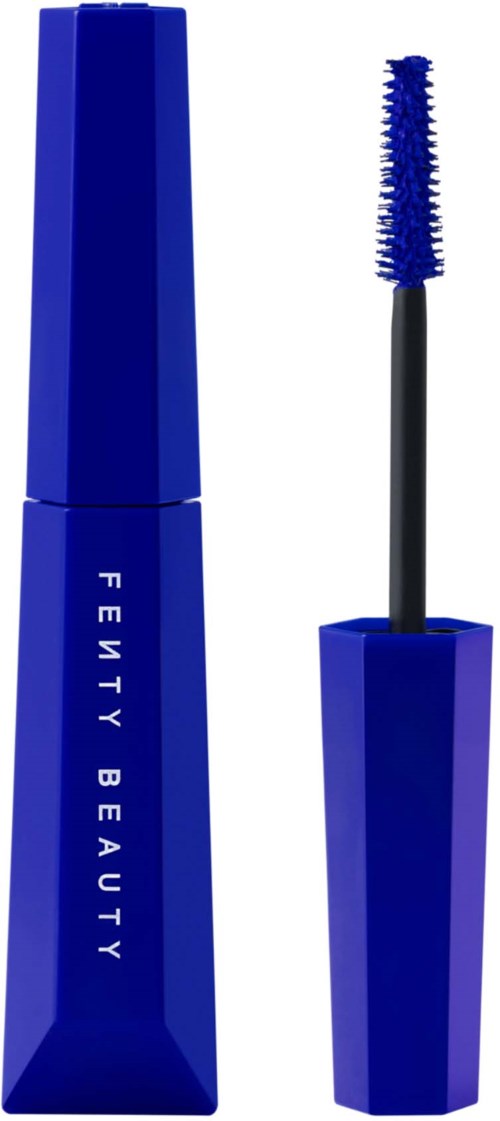 A blue mascara tube with the wand outside, labeled 'Fenty Beauty'.