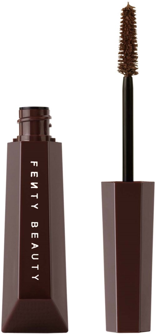A brown mascara tube with an open wand, labeled "Fenty Beauty."