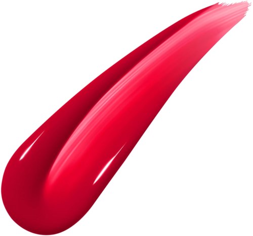 A large, red, curved brush stroke with shiny, smooth texture and gradient shading.
