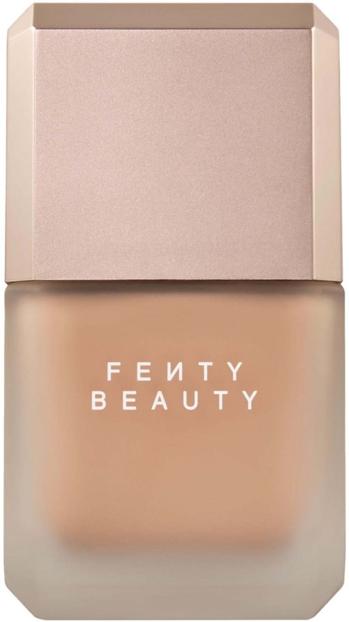 Fenty Beauty foundationflaska med beige lock och frostad glas, visar märkenamnet.