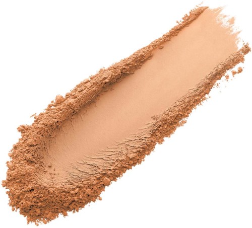 En streck av beige eller ljusbrunt pulver, troligen smink- eller hudprodukt, på en vit bakgrund.
