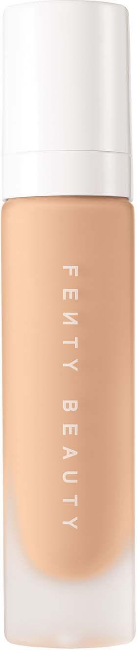 En kosmetikflaska med beige vätska och vit flärp, märkt 'FENTY BEAUTY'.