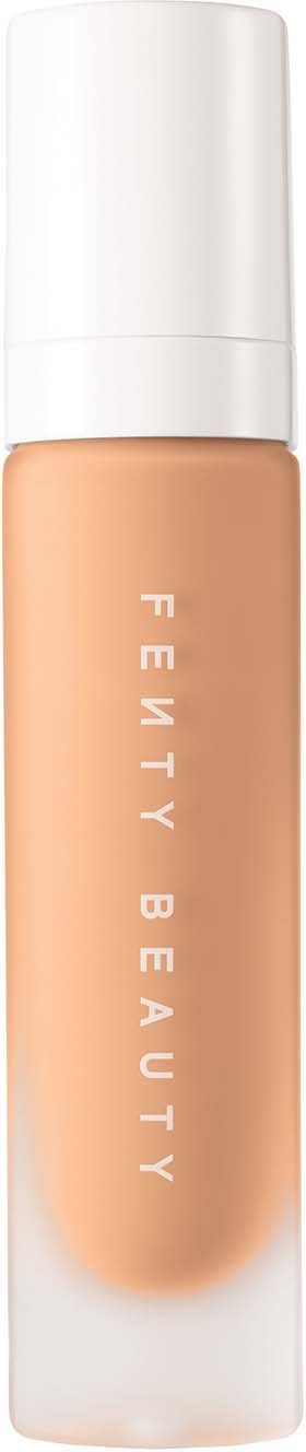 Beżowy płynny podkład w przezroczystej butelce z białą nakrętką, oznaczony "Fenty Beauty."
