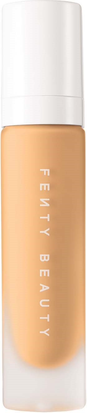 Fenty Beauty foundation bottle with white cap and beige liquid inside.