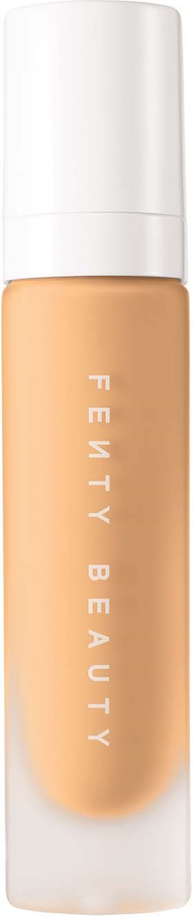 A bottle of Fenty Beauty foundation with a beige shade and white cap.