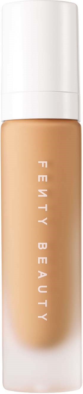 Fenty Beauty foundation bottle with white cap, beige liquid inside, and simple branding.