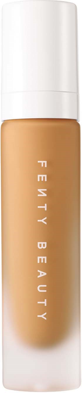 A bottle of Fenty Beauty liquid foundation with a white cap and beige liquid inside.