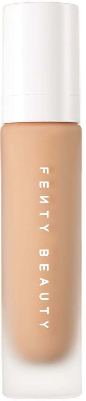 Fenty Beauty liquid foundation bottle with a white cap and beige product inside.