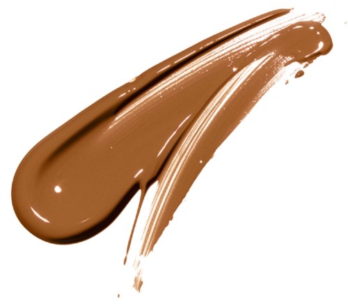 A large, smooth smear of brown paint with a curved shape on a white background.