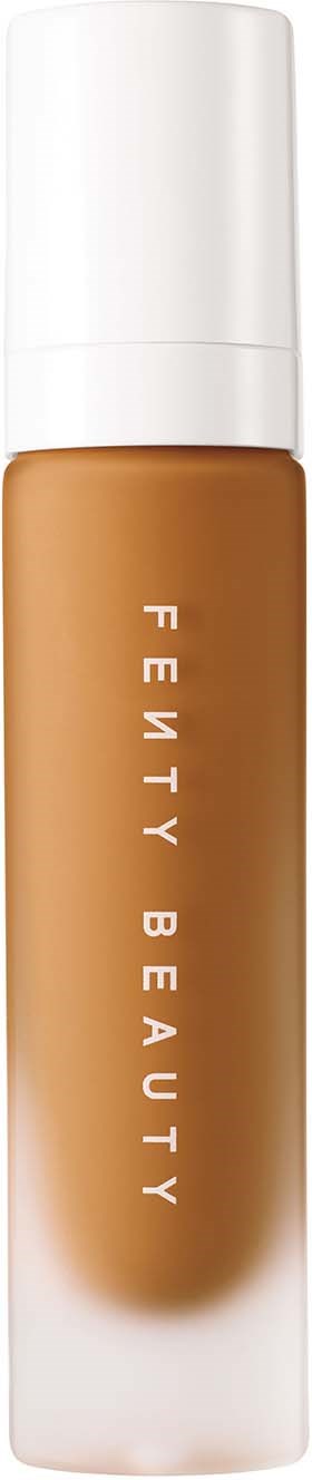A bottle of Fenty Beauty liquid foundation with beige color and white cap.
